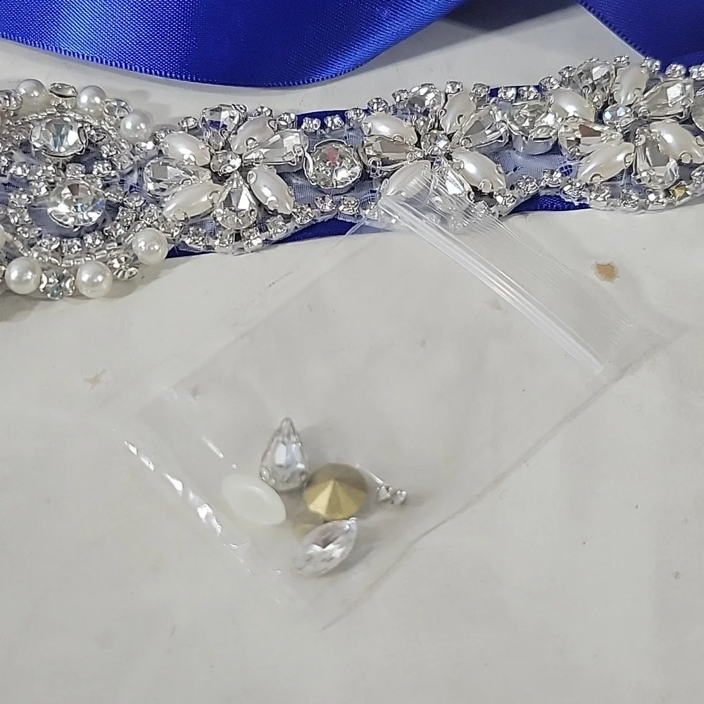 New royal blue with pearls & rhinestone crystals in sliver wedding dress Sash